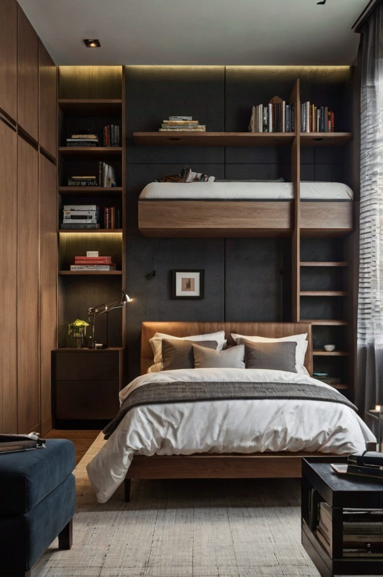A small bedroom with white walls and floating shelves displaying books and decor.