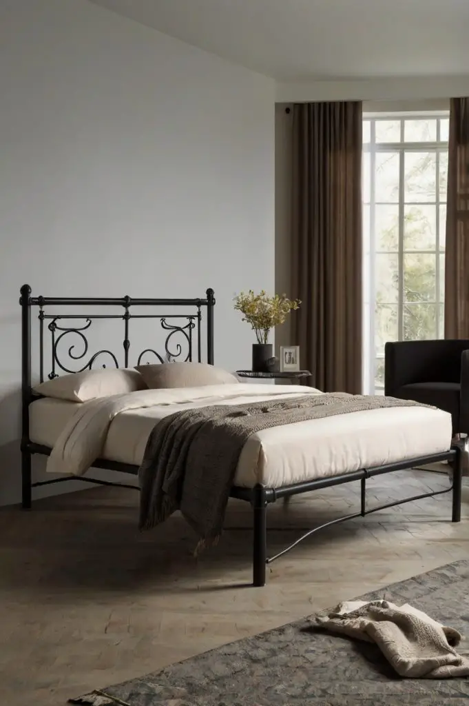 a black metal or wood bed frame