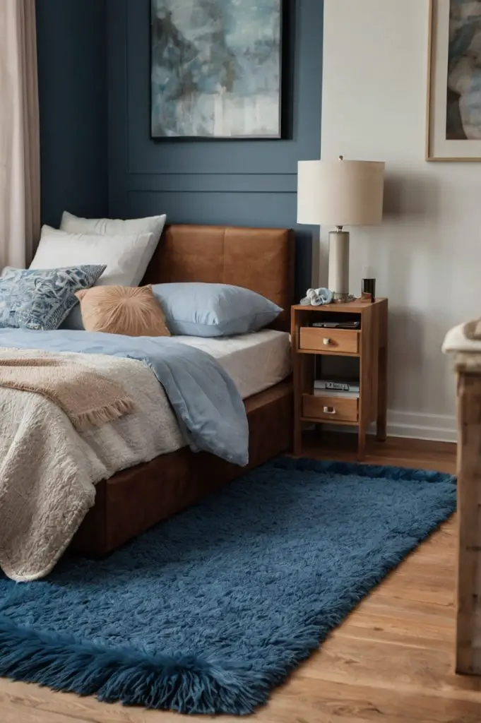 a small blue rug under the bed