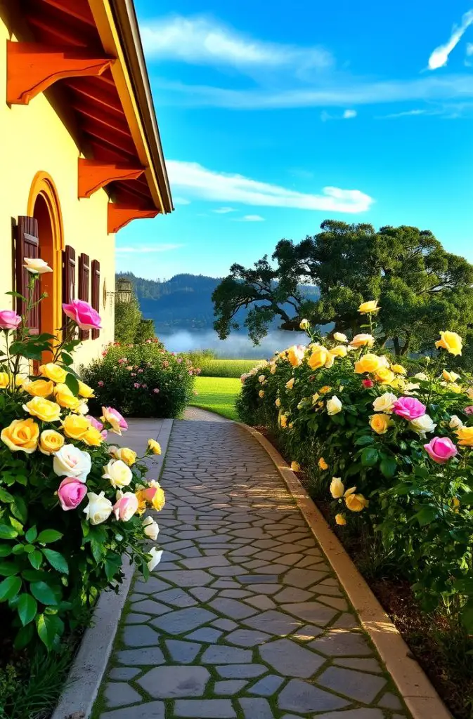 Classic Rose Border Along the Pathway