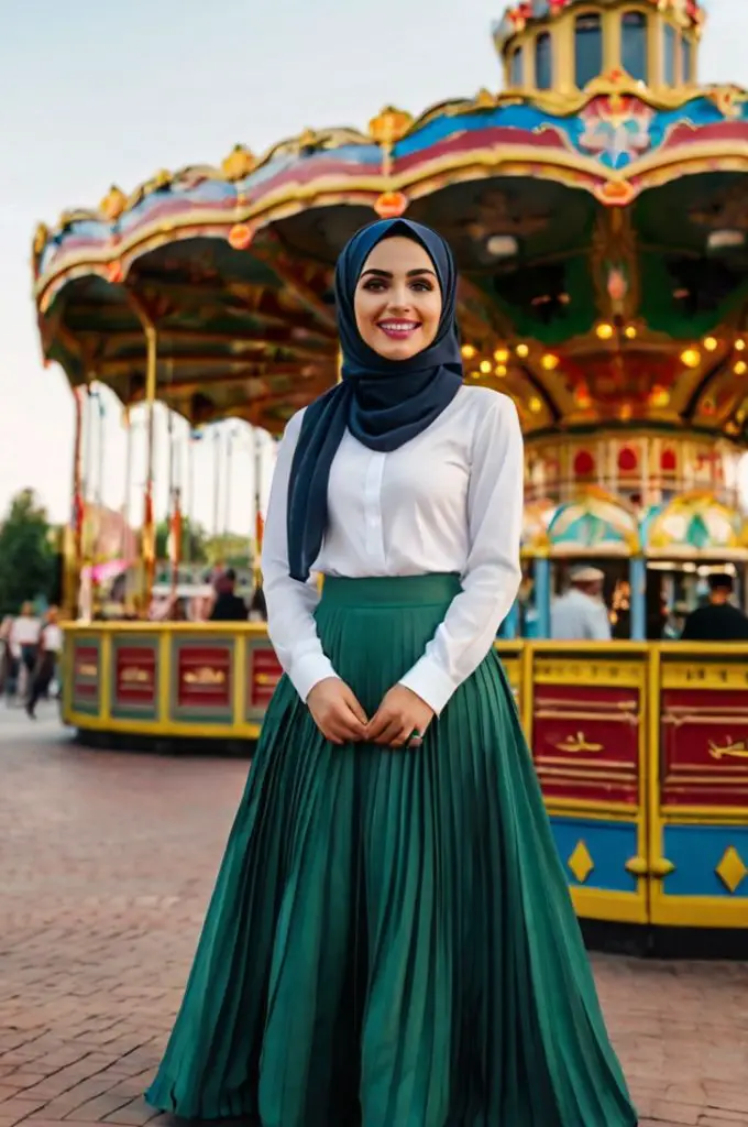 Pleated Skirt with a Tucked-in Blouse