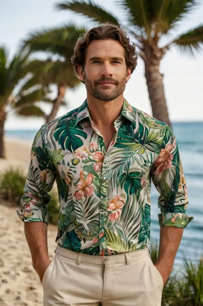 Tropical Print Shirt with Neutral Bottoms