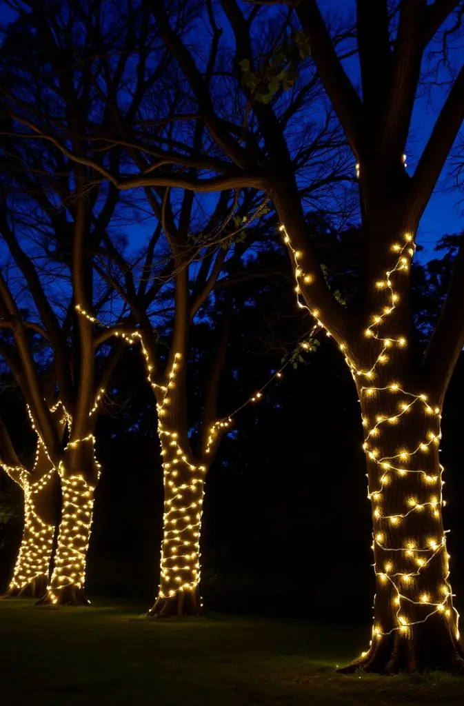 String Lights Wrapped Around Trunks