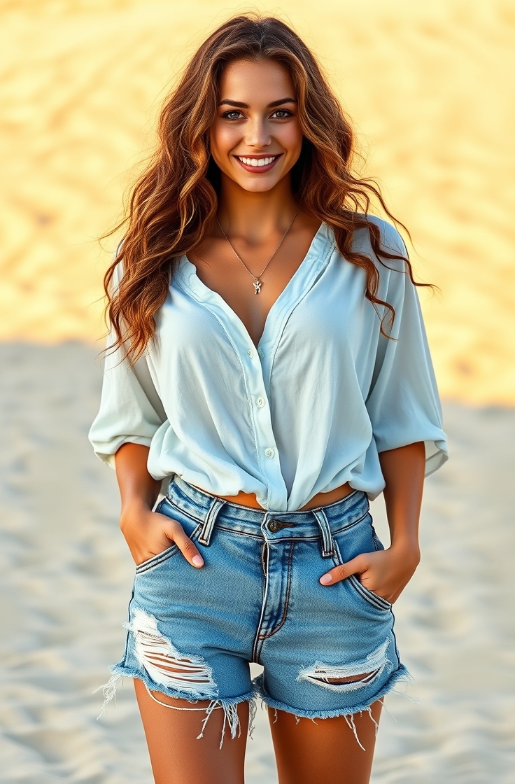 Denim Shorts with a Loose Blouse