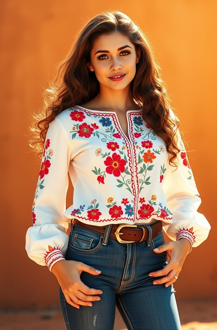 Embroidered Blouse with Bootcut Jeans