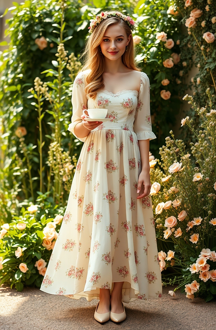 Floral Midi Dress with Ballet Flats