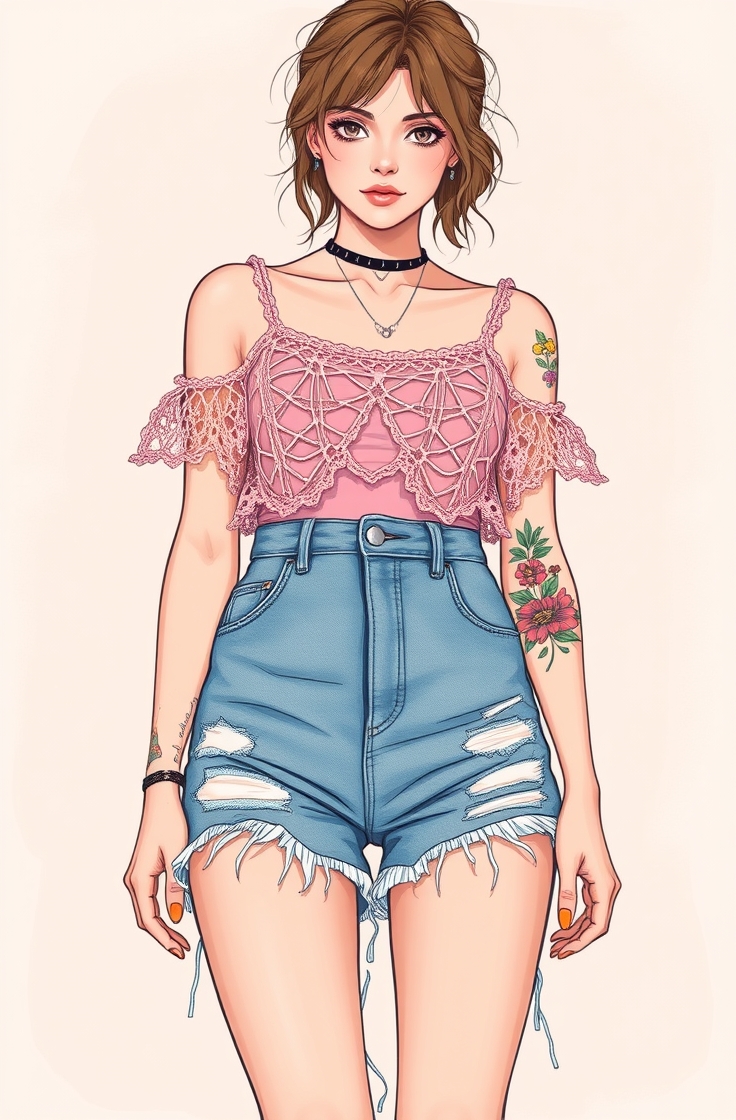 Cut-Off Shorts with a Crochet Top