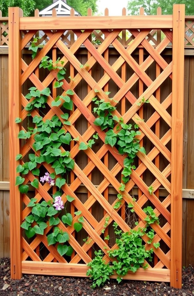 A cedar lattice trellis adds a touch of sophistication to any garden. The crisscross pattern of the lattice allows vines to grow and spread, offering an organized and polished appearance.

Cedar is naturally resistant to decay and insects, making it a durable choice for a long-lasting trellis.

Use it as a privacy screen, a fence divider, or a decorative backdrop to complement your flowers and plants.