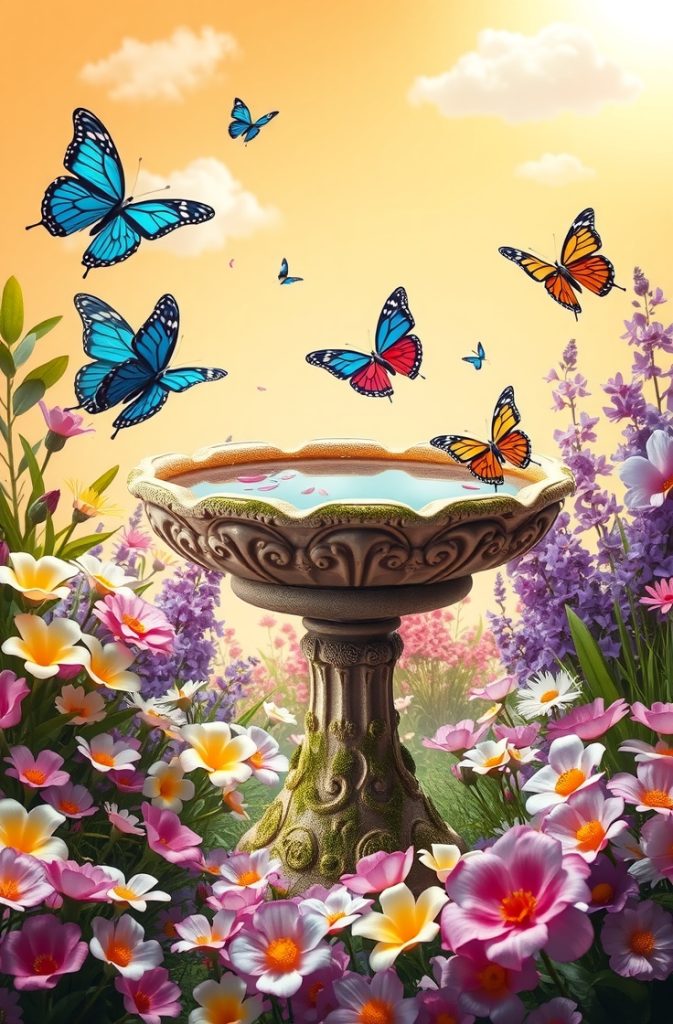 Birdbath Surrounded by Flowers