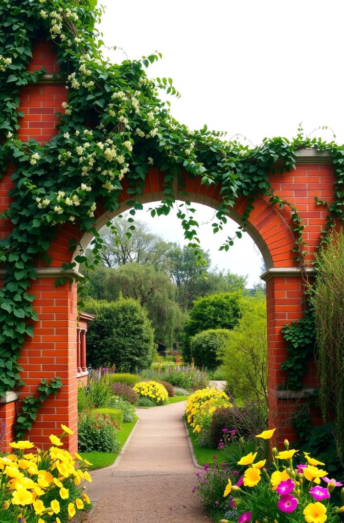 A red brick archway covered in green ivy, leading into a garden path lined with flowers.