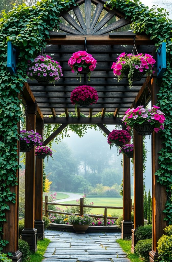 A wooden pergola draped with hanging flower baskets and lush greenery at the entrance of a garden.