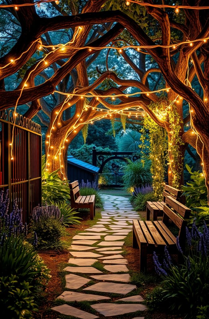 A garden pathway lined with warm white fairy lights wrapped around trees and fences, creating a cozy and inviting ambiance.