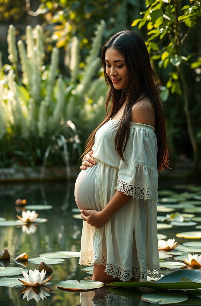 A pregnant woman standing by a pond, gazing at her reflection while surrounded by water lilies and soft greenery.