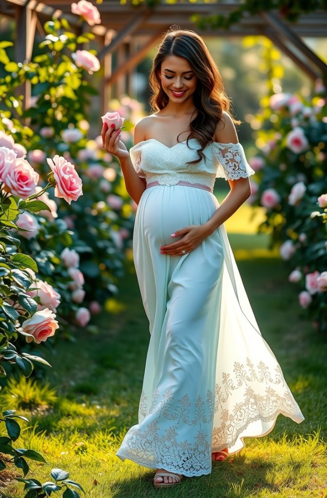 A pregnant woman walking through a rose garden, gently touching a rose while wearing a soft pastel gown.