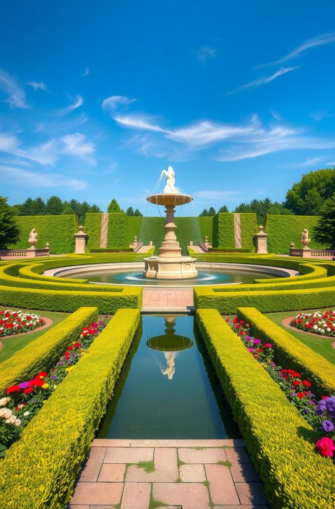  A symmetrical garden with a central fountain, neatly trimmed hedges, and flower beds in a mirrored layout.