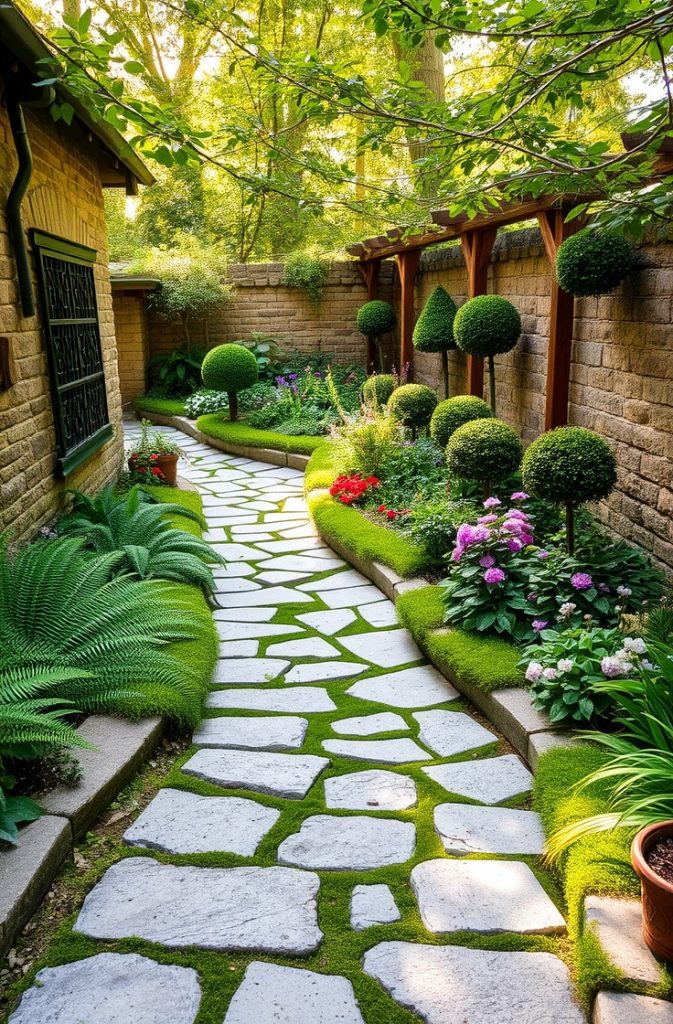 Image Prompt: A small garden with a winding stone pathway leading through neatly arranged plants.