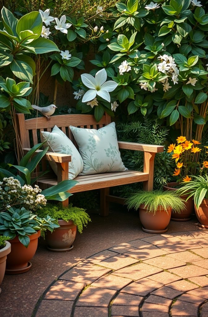  A cozy garden corner with a wooden bench, soft cushions, and surrounding potted plants.
