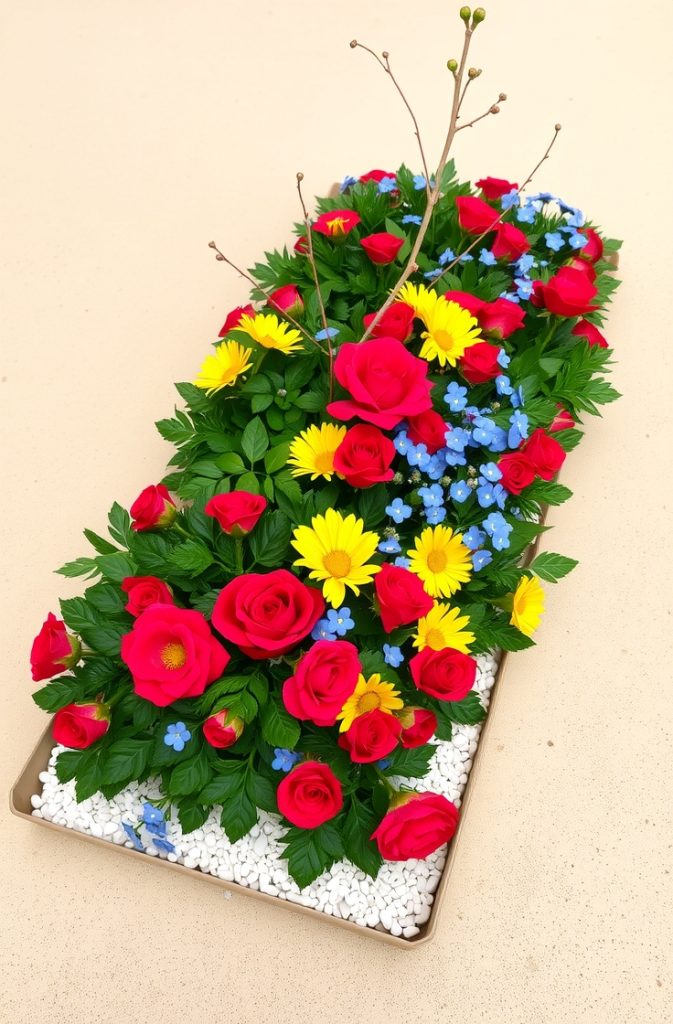 A clean, white gravel border outlining a flower bed with lush green plants and blooming flowers.