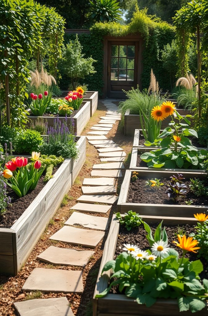 Image Prompt: A garden with neatly arranged raised beds filled with vegetables, flowers, and herbs, bordered by wooden planks.