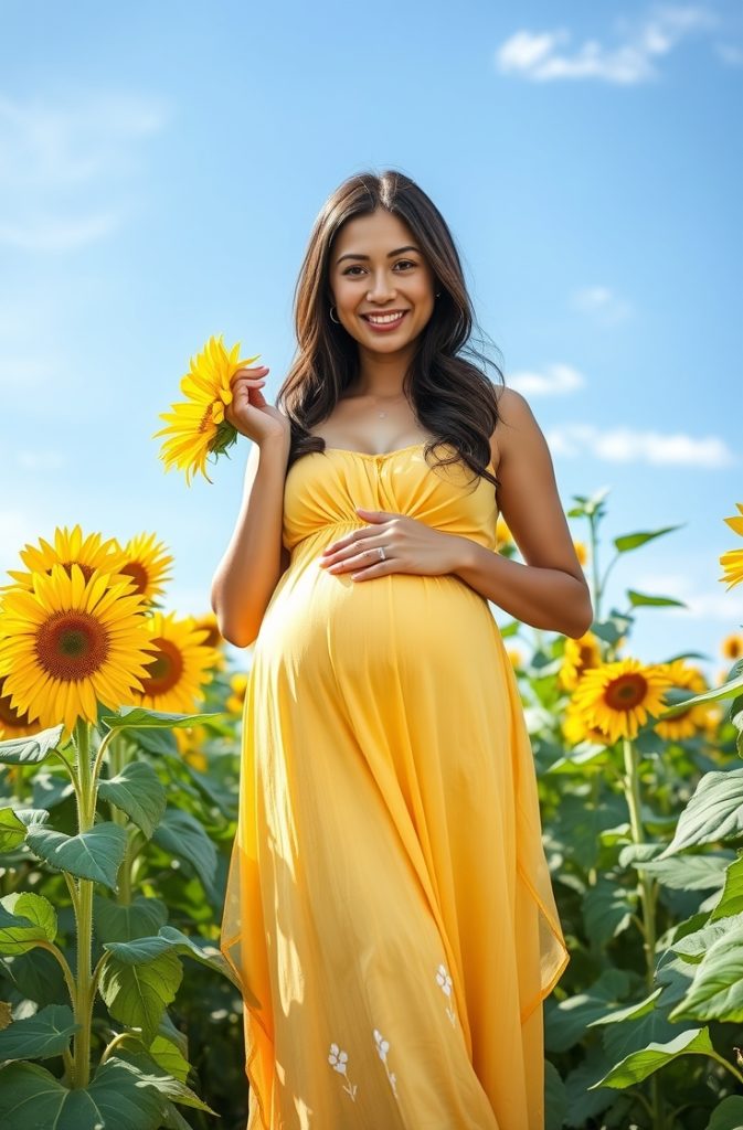 A pregnant woman standing in a sunflower field, smiling warmly while holding a sunflower near her face.