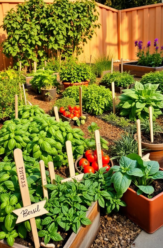 Image Prompt: A backyard herb and vegetable garden with neat rows of basil, tomatoes, and lettuce. Wooden labels mark each plant variety.