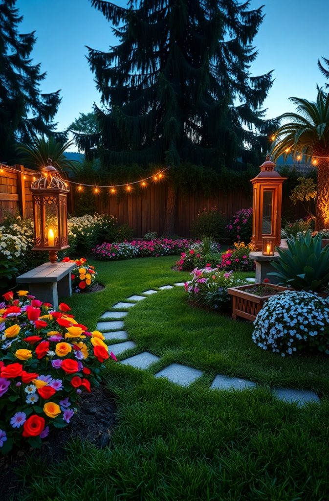 Image Prompt: A corner garden with fairy lights twinkling over blooming flower beds.