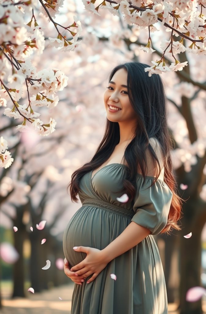 A pregnant woman standing under cherry blossom trees, petals floating around her as she smiles softly.