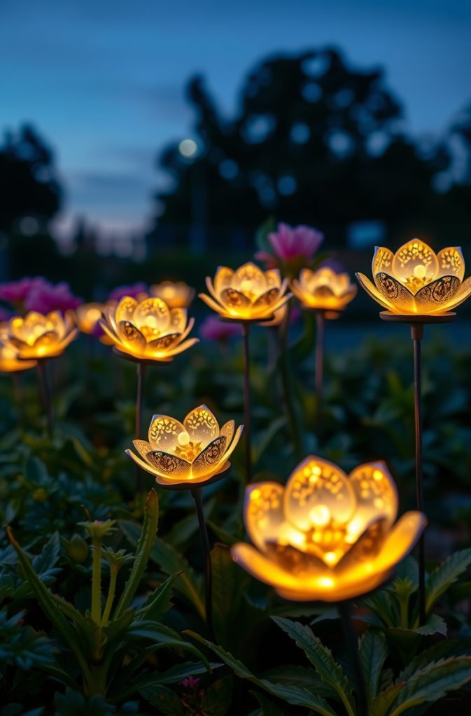 Image Prompt: A row of solar-powered flower-shaped stake lights glowing along a garden border.