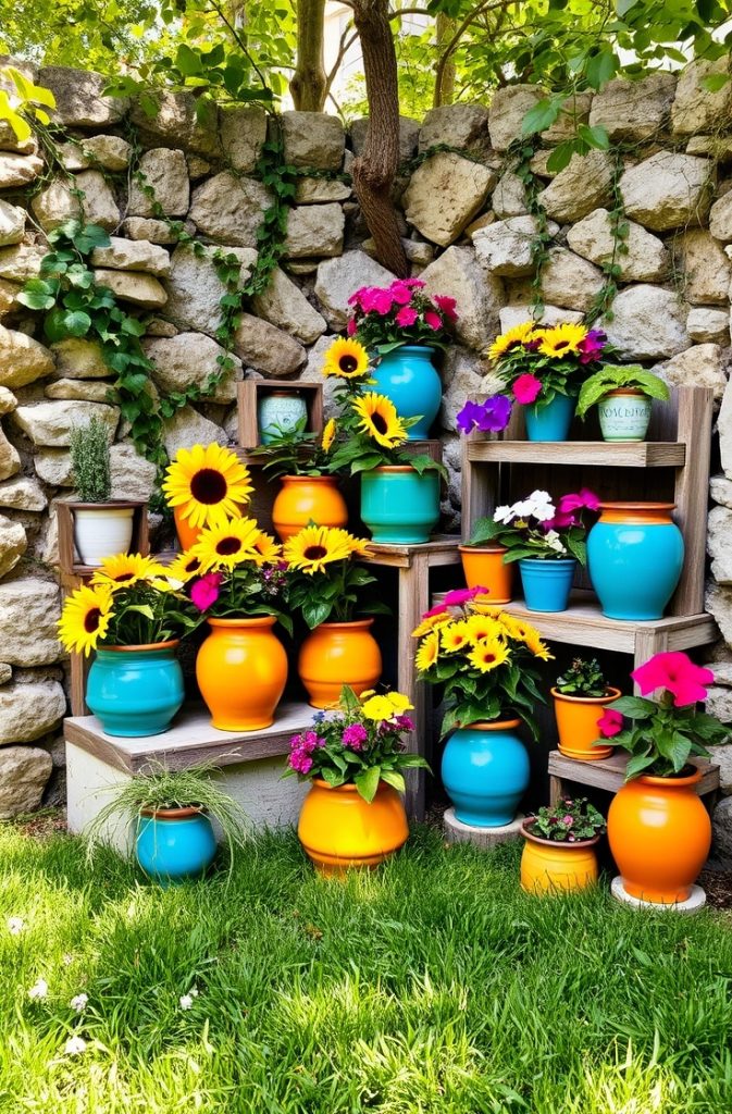 Image Prompt: A garden corner with colorful ceramic pots filled with blooming flowers, arranged on wooden shelves and the ground.