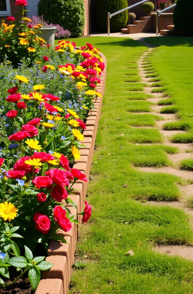 Image Prompt: A garden path lined with red brick edging, separating flower beds from a neatly trimmed lawn.