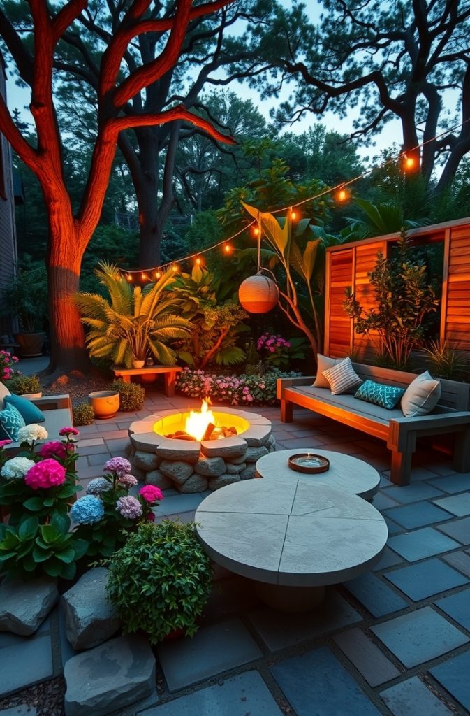 Image Prompt: A garden seating area with a fire pit casting a warm glow on surrounding plants.