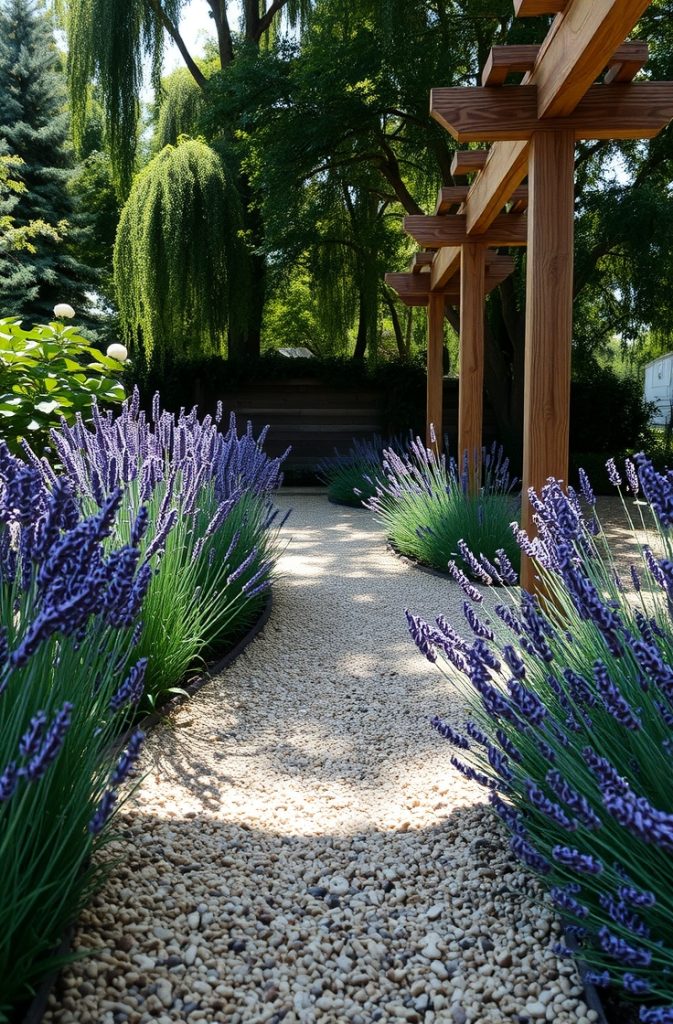 A gravel garden path bordered by wooden beams and lined with lavender plants.