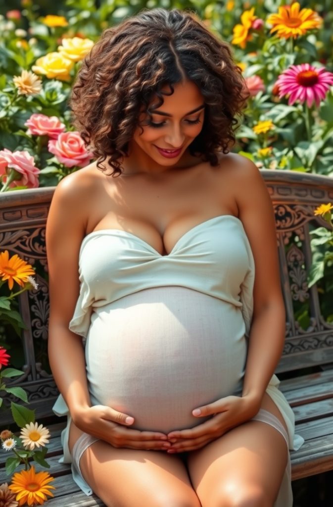 A pregnant woman sitting on a wooden bench in a flower-filled garden, looking down at her belly with a gentle expression.