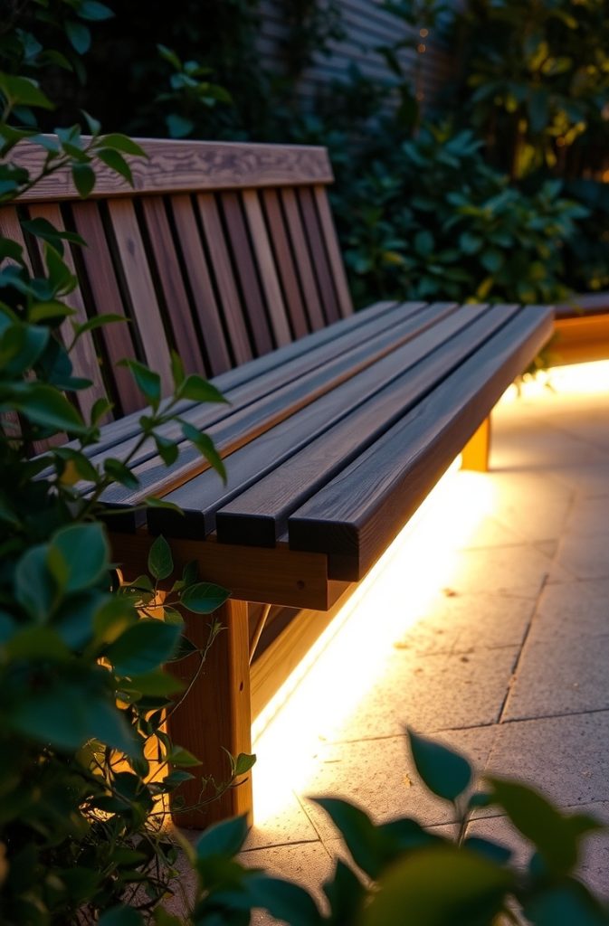 Image Prompt: A wooden garden bench with soft LED strip lighting underneath, casting a gentle glow.