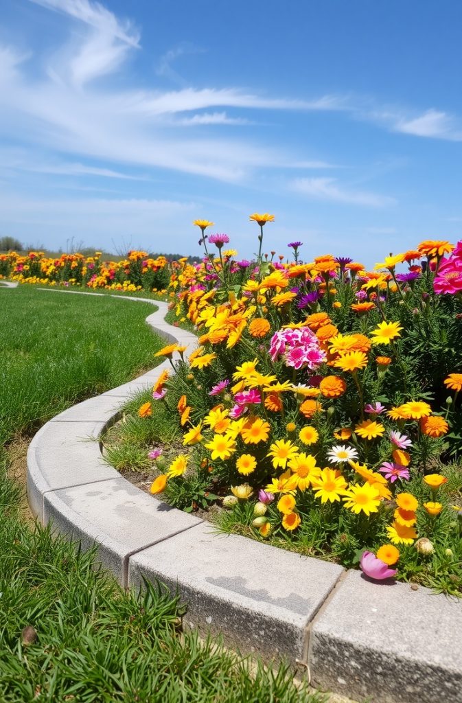 Image Prompt: A curved concrete garden border separating a lawn from a bed of bright seasonal flowers.