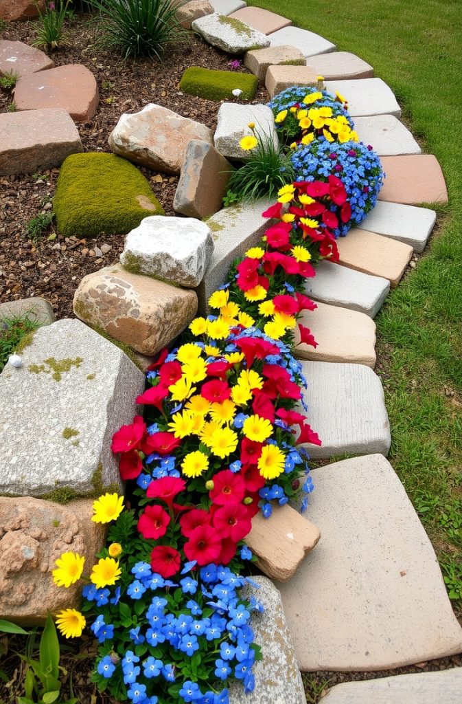 Image Prompt: A curved garden border made of large natural stones, with colorful flowers growing alongside.