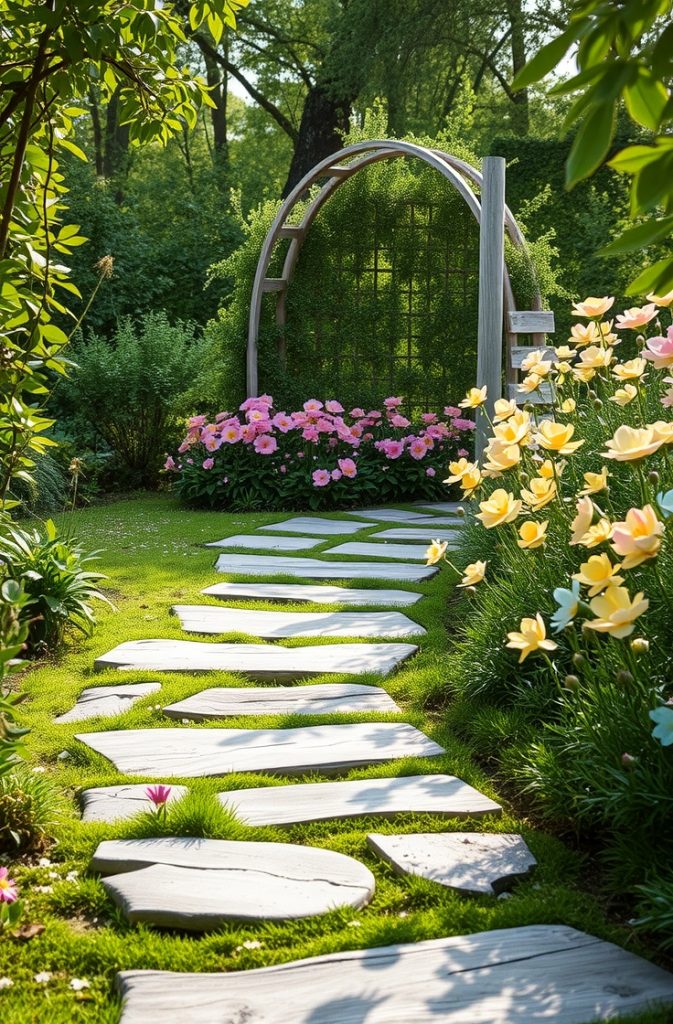 Image Prompt: A garden path with stepping stones leading to a cozy flower-filled nook.
