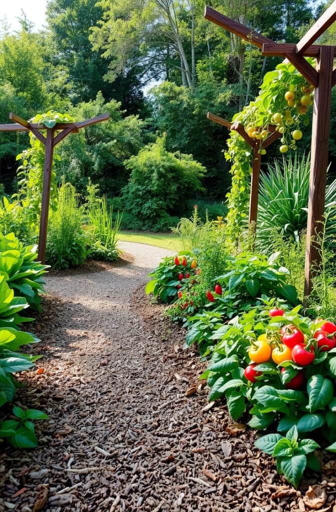  A natural mulch garden path weaving through a vegetable garden with wooden trellises.