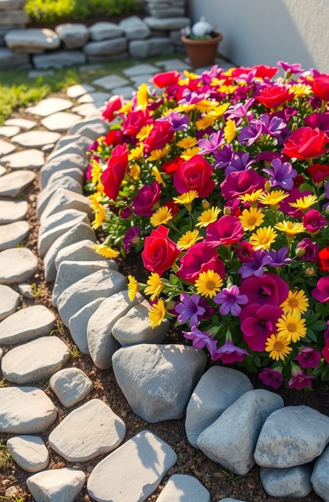 Image Prompt: A stone border with smooth, irregularly shaped rocks surrounding a flower bed.