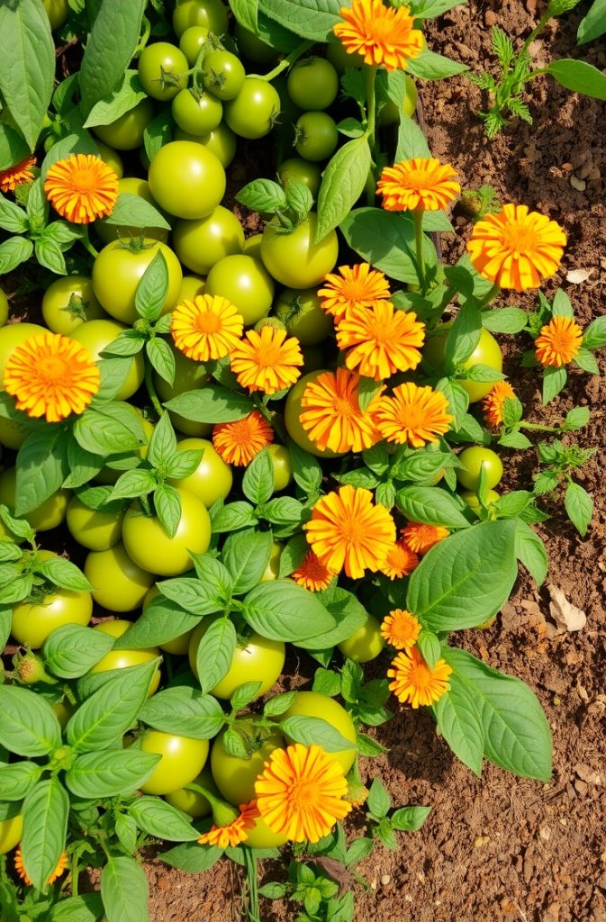 Image Prompt: A mixed vegetable garden with tomatoes and basil growing together, surrounded by marigolds.