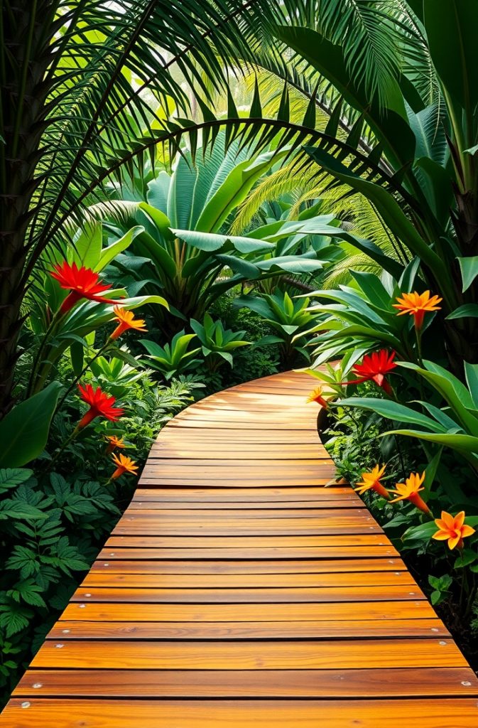 A wooden boardwalk meandering through a tropical garden with ferns and tall plants.