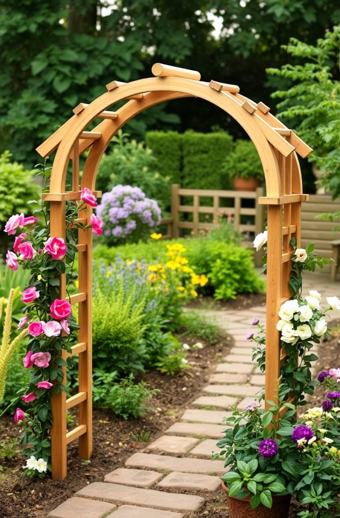 A wooden arch trellis offers a timeless, rustic appearance that fits perfectly in any garden. Place it at the entrance of your garden or along a pathway to create a welcoming atmosphere.

You can grow climbing roses, clematis, or other vines along the arch, allowing the plants to bloom and provide natural beauty.

A wooden arch trellis is a simple but elegant way to add character and charm.