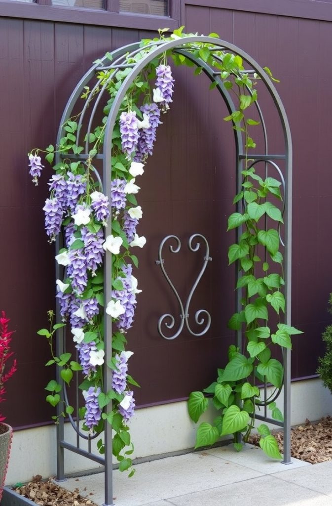 For those seeking a more contemporary look, a metal arched trellis offers sleek lines and a modern design.

These trellises are available in various shapes, from simple arches to more elaborate, decorative designs.

Made of metal, they can be long-lasting and withstand outdoor elements. Grow plants like wisteria, jasmine, or morning glories along this trellis, allowing them to drape over and create a stunning visual effect.