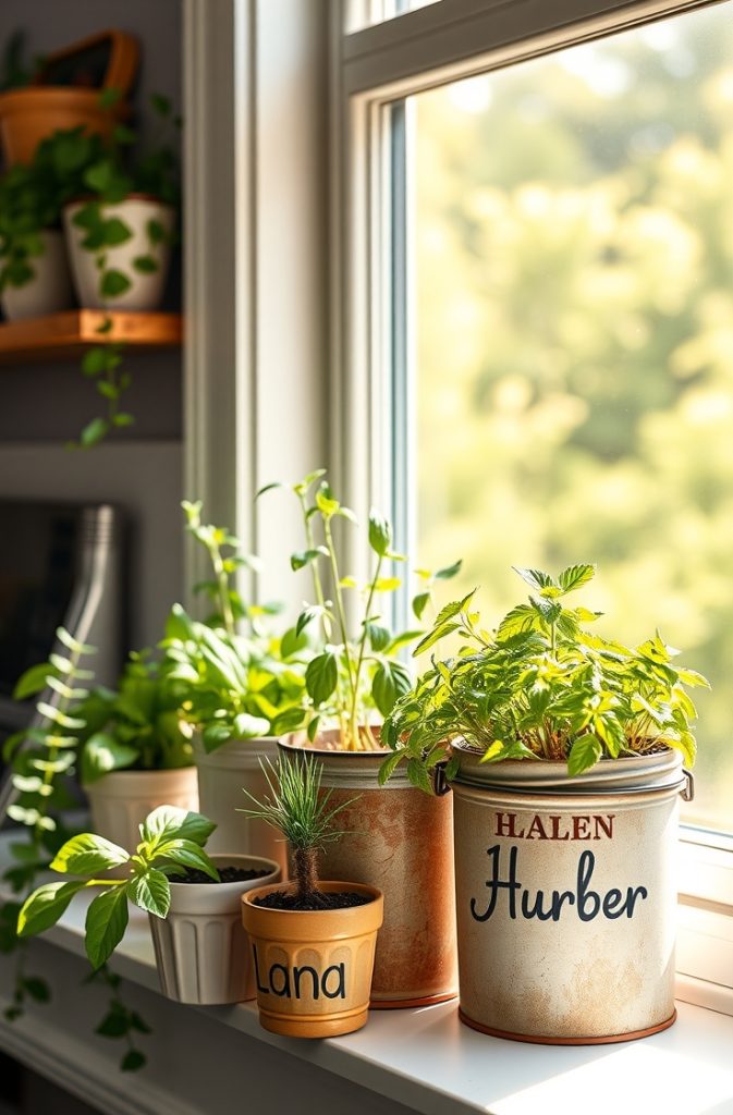 Image Prompt:
A bright indoor herb garden featuring an assortment of repurposed containers filled with small herbs like basil, mint, chives, and parsley. The containers rest on a sunny windowsill, framed by a cozy kitchen backdrop and soft natural light.