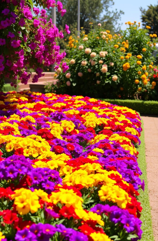 Image Prompt:
A lively garden filled with clusters of vibrant flowers in shades of purple, yellow, red, and blue. Neat pathways and borders frame the display, all bathed in bright sunlight that enhances the vivid colors.