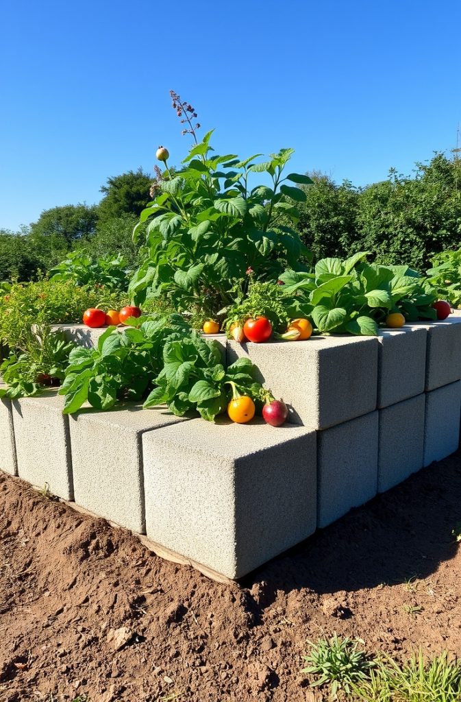 Image Prompt:
A neat raised garden bed constructed from gray concrete blocks. The blocks form a solid rectangle on a well-prepared patch of ground. The bed overflows with healthy green plants and bright vegetables, all under a clear blue sky.