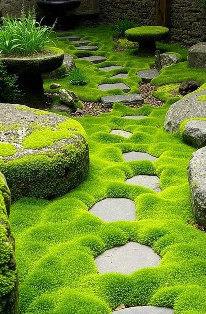 Moss-Covered Landscape

Moss thrives in shaded areas and adds a lush, green carpet to the garden. This element softens the hard edges of rocks and pathways.

A moss garden requires little maintenance and grows well in humid environments. Placing stepping stones through the moss adds both function and beauty.