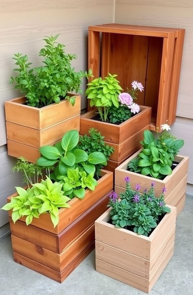 Simple wooden boxes provide a rustic and natural touch. They suit patios, balconies, or backyard corners.

Arranging different-sized boxes creates a layered look. Herbs, lettuce, and flowering plants grow well in wooden planters, offering both beauty and functionality.