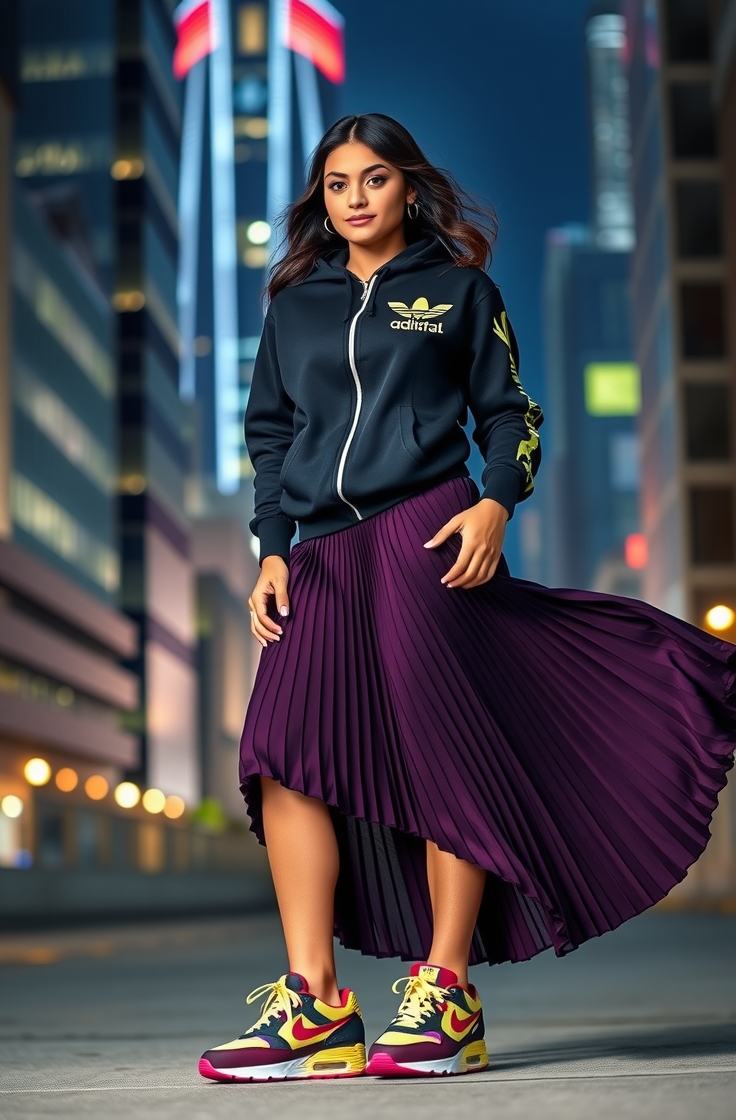 Streetwear Meets Formal Hoodie with a Skirt and Sneakers