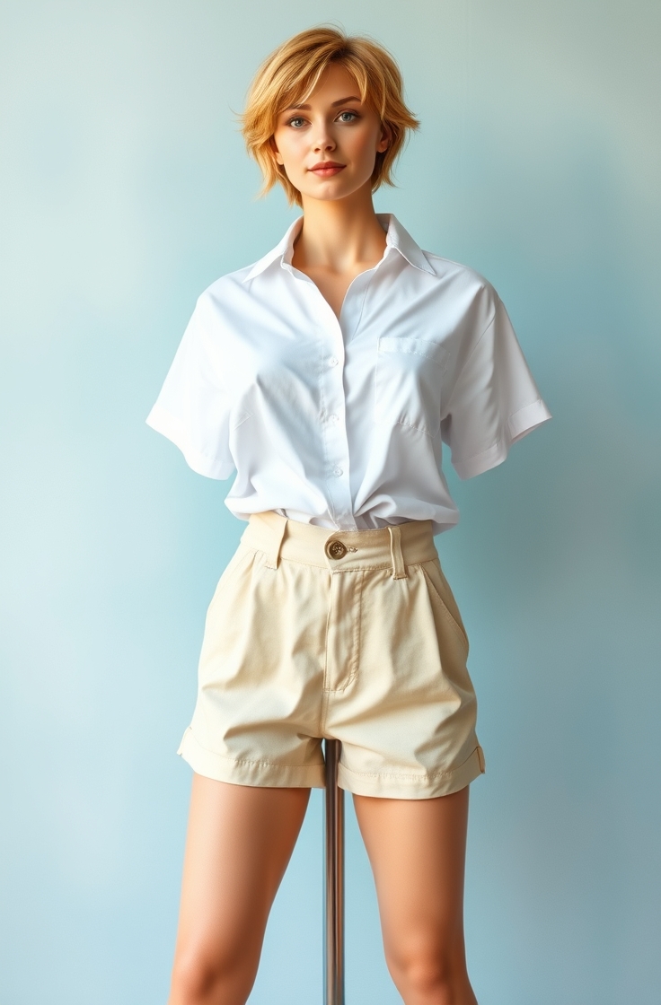 White Shirt with High-Waisted Shorts